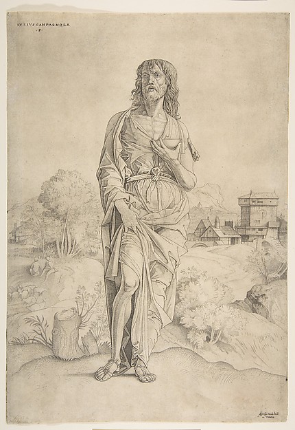 Saint John the Baptist standing in landscape, figures and buildings in the background by Giulio Campagnola