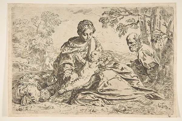 Rest on the flight into Egypt, Mary holding the infant Christ with St. Joseph at right, copy after Cantarini by Simone Cantarini