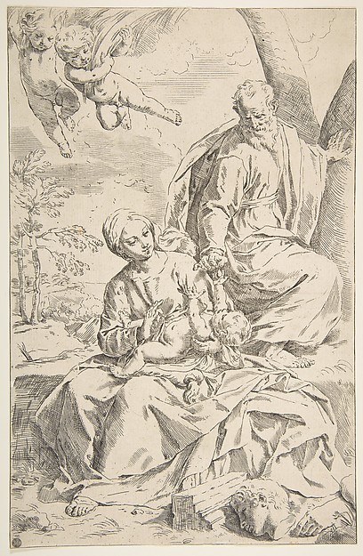 Rest on the flight into Egypt, Mary holding the infant Christ while St. Joseph hands him a fruit by Simone Cantarini
