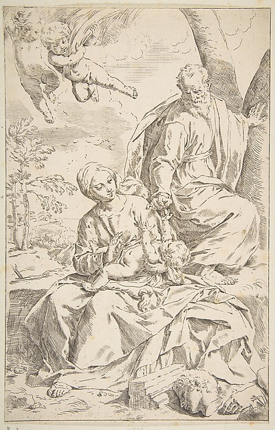 Rest on the flight into Egypt, Mary holding the infant Christ while St. Joseph hands him a fruit by Simone Cantarini
