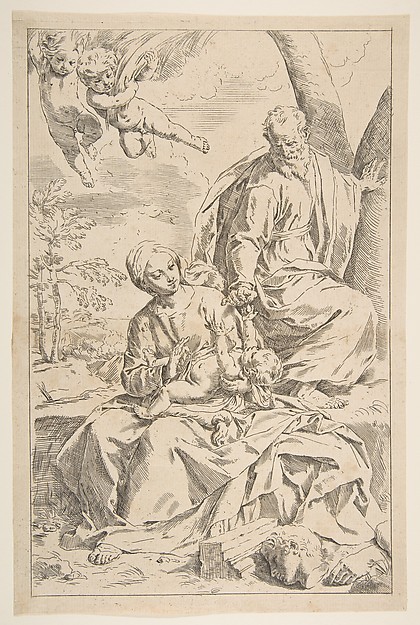 Rest on the flight into Egypt, Mary holding the infant Christ while St. Joseph hands him a fruit by Simone Cantarini