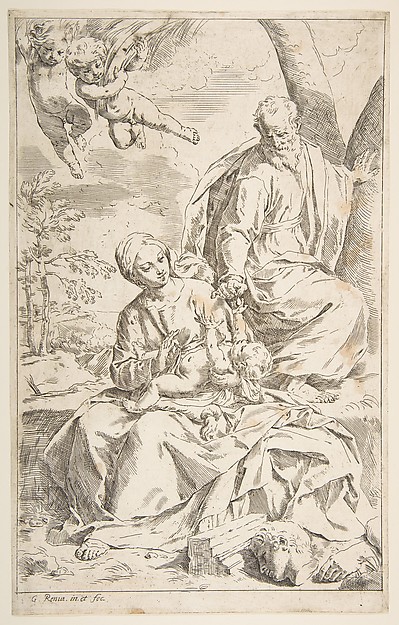 Rest on the flight into Egypt, Mary holding the infant Christ while St. Joseph hands him a fruit by Simone Cantarini