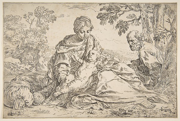 Rest on the flight into Egypt, Mary holding the infant Christ with St. Joseph at right by Simone Cantarini