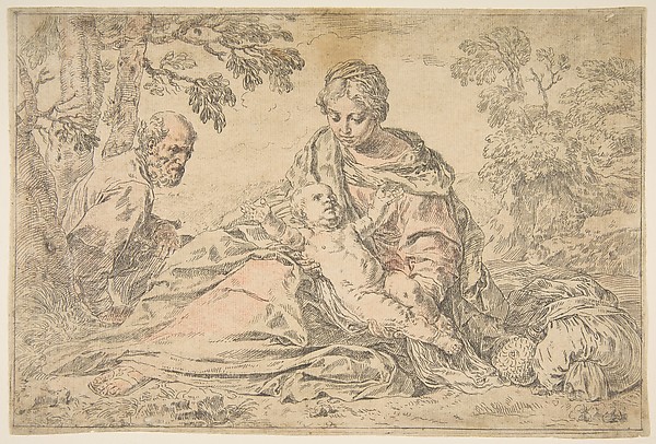 Rest on the flight into Egypt, Mary holding the infant Christ with St. Joseph at left by Simone Cantarini