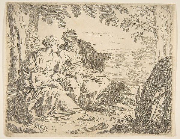 Rest on the flight into Egypt, Mary holding the infant Christ while St. Joseph points into the distance by Simone Cantarini