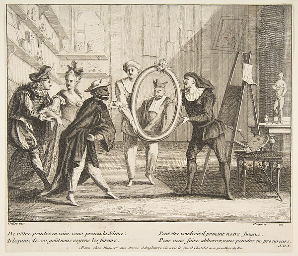 Pierrot and Scaramouche show the portrait of Harlequin