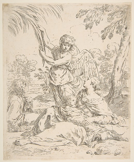 Repose in Egypt, Mary nursing the infant Christ while an angel pulls at tree branches by Simone Cantarini