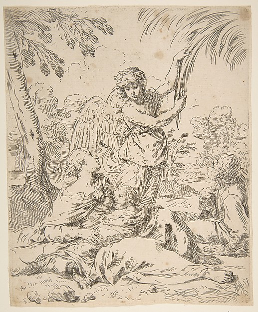 Repose in Egypt, Mary nursing the infant Christ while an angel pulls at tree branches by Simone Cantarini