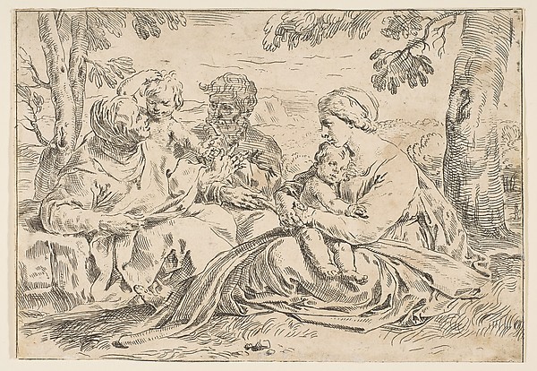 Holy Family with Saint Elizabeth and Saint John the Baptist, copy in reverse after Cantarini by Simone Cantarini