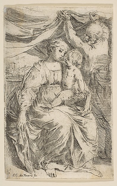Holy Family with a curtain by Simone Cantarini