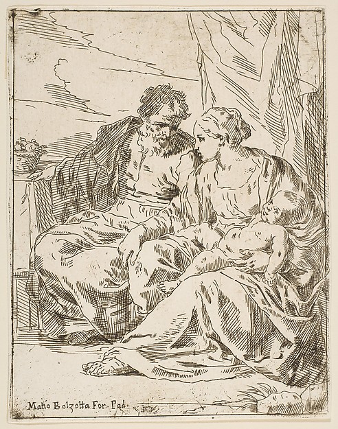 Rest on the flight into Egypt, Mary holding the infant Christ while St. Joseph points into the distance, copy after Cantarini by Simone Cantarini
