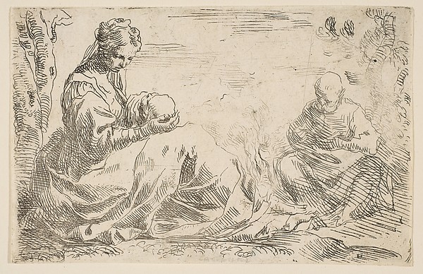 Rest on the flight into Egypt, Mary holding and looking at the infant Christ while St. Joseph reads by Simone Cantarini