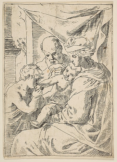 Holy Family with Saint John the Baptist kissing the infant Christ's hand, copy in reverse after Cantarini by Simone Cantarini