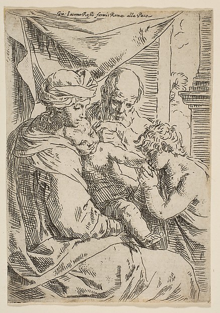 Holy Family with Saint John the Baptist kissing the infant Christ's hand by Simone Cantarini
