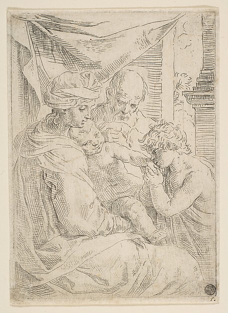 Holy Family with Saint John the Baptist kissing the infant Christ's hand by Simone Cantarini