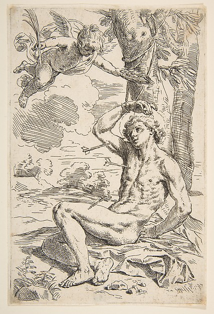 Saint Sebastian pierced with arrows and tied to a tree by Simone Cantarini