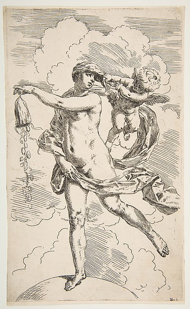 Fortune standing with one foot on a globe and emptying a purse of coins