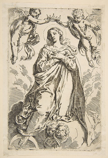 The Virgin being crowned by two angels, copy after Cantarini by Simone Cantarini