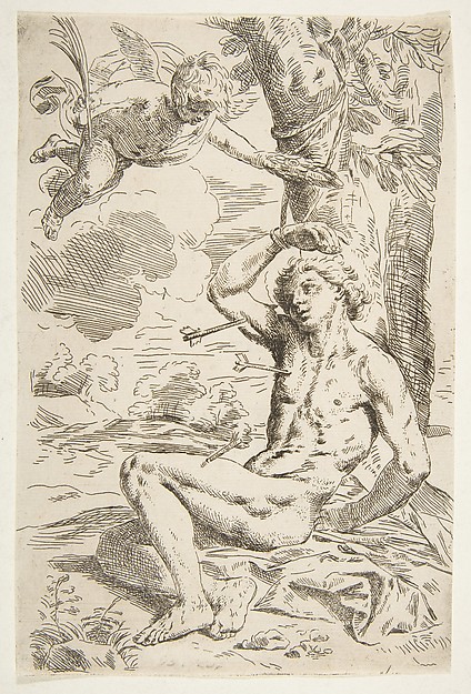 Saint Sebastian pierced with arrows and tied to a tree, copy after Cantarini by Simone Cantarini