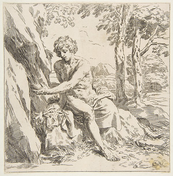 Saint John the Baptist in the desert, copy in reverse after Cantarini by Simone Cantarini