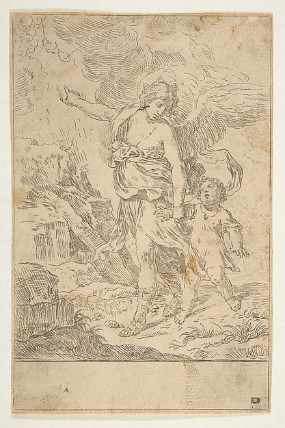 A guardian angel walking with a child