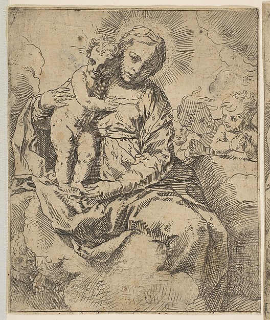 Madonna and Child seated on clouds and surrounded by angels, copy in reverse after Cantarini by Simone Cantarini