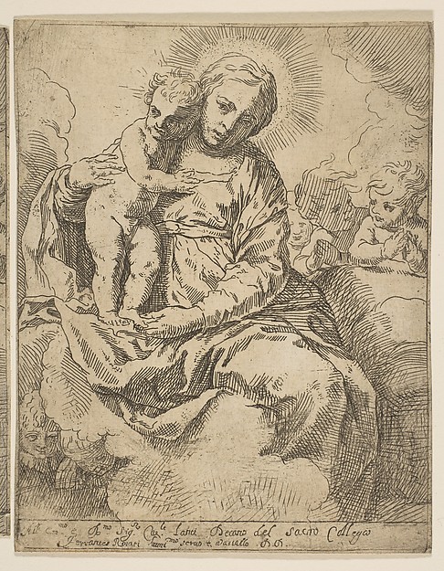 Madonna and Child seated on clouds and surrounded by angels, copy in reverse after Cantarini by Simone Cantarini