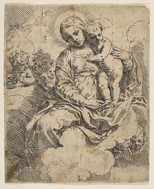 Madonna and Child seated on clouds and surrounded by angels by Simone Cantarini