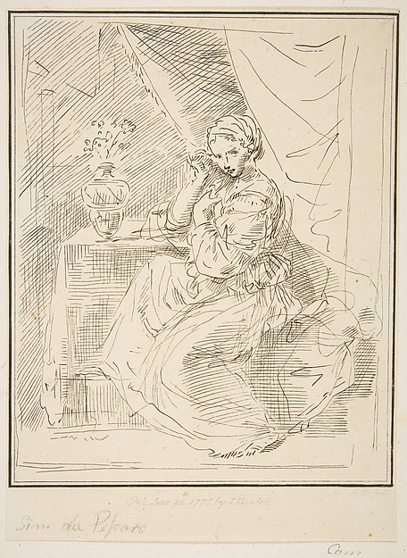 A female figure seated beside a flower vase