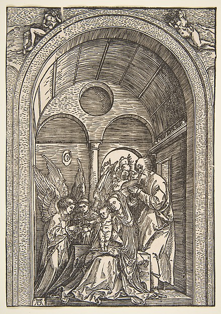 The Holy Family with Two Angels in a Vaulted Hall