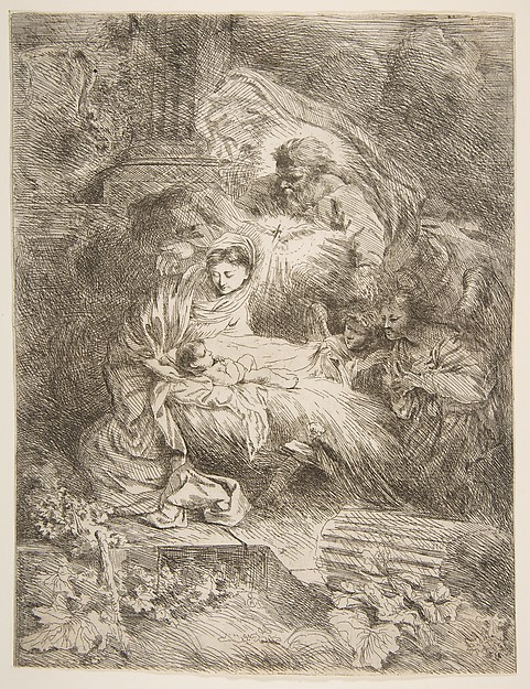 God the Father observing the Virgin and Child, angels to the right by Giovanni Benedetto Castiglione (Il Grechetto)