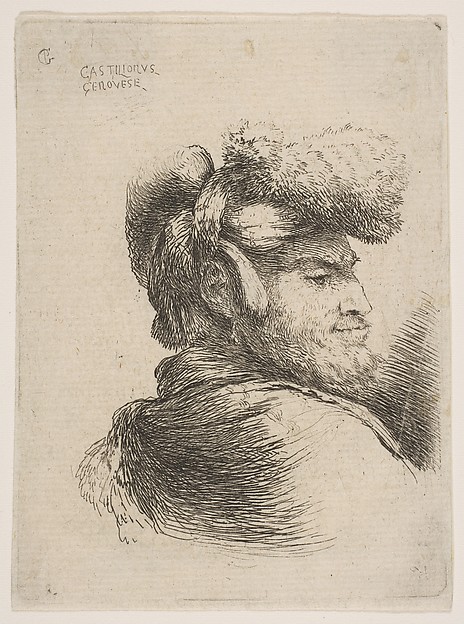Man in profile facing right, wearing a fur hat, from "Small Heads in Oriental Headdress"