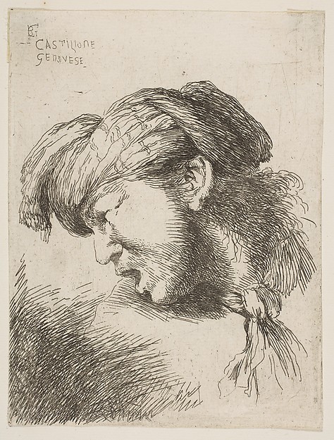 Man wearing a turban, a tie fastened around his neck, facing left, from "Small Heads in Oriental Headdress"