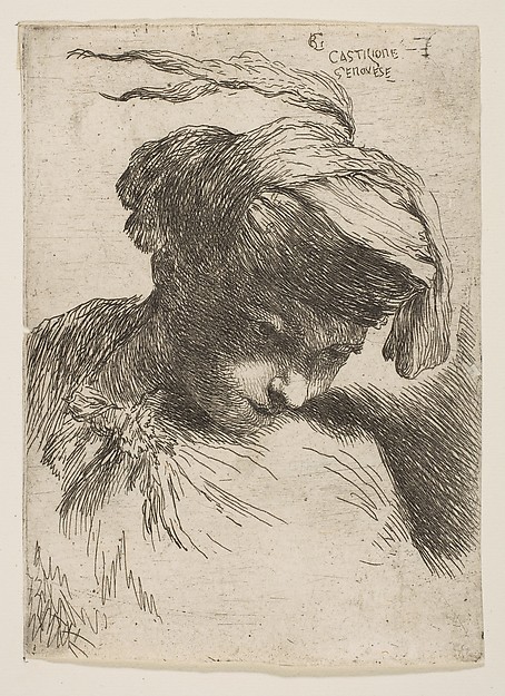 Young man looking down to right, from "Small Heads in Oriental Headdress"