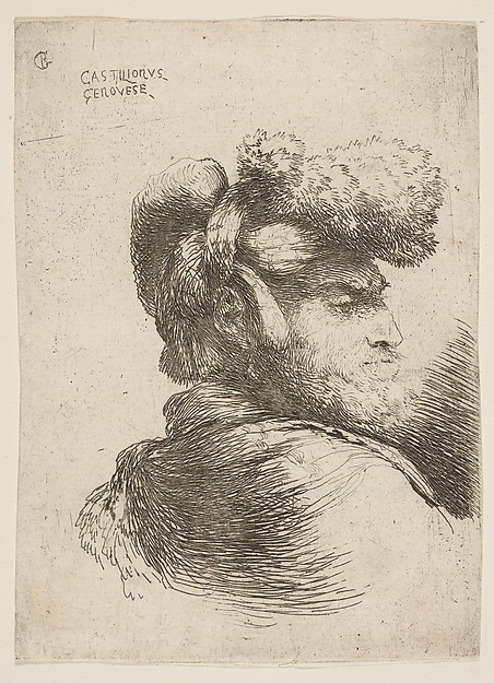 Man in profile facing right, wearing a fur hat, from "Small Heads in Oriental Headdress"
