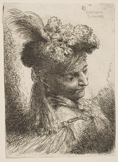 Young man facing three quaters right wearing a fur headdress with a plume, jewel and a headband, from "Small Heads in Oriental Headdress"