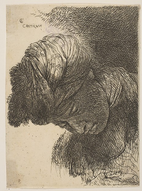 Young man with his head lowered, wearing a turban, facing left, from the series of  'Small Heads in Oriental Headdress' (19th century impression)