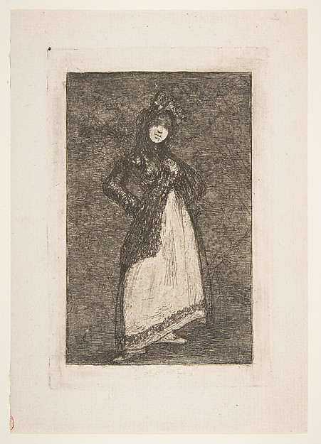 A Maja standing against a dark background with figures