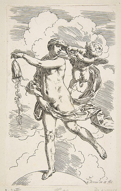 Fortune standing on a globe emptying a purse of coins