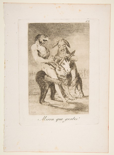 Plate 63 from "Los Caprichos": Look how solemn they are! (Miren que grabes!)