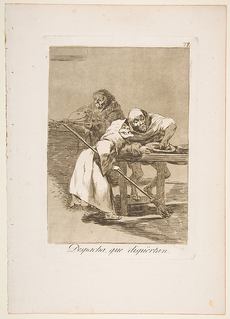 Plate 78 from "Los Caprichos": Be quick, they are waking up (Despacha, que dispiértan)