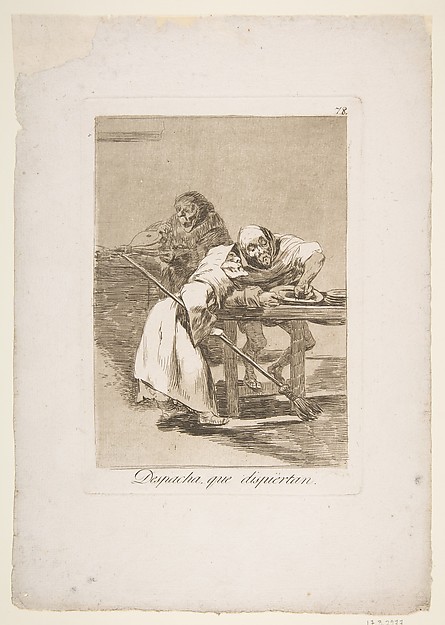 Plate 78  from 'Los Caprichos': Be quick, they are waking up (Despacha, que dispiertan.)
