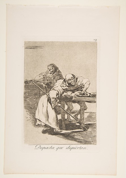 Plate 78  from "Los Caprichos": Be quick, they are waking up (Despacha, que dispiertan)