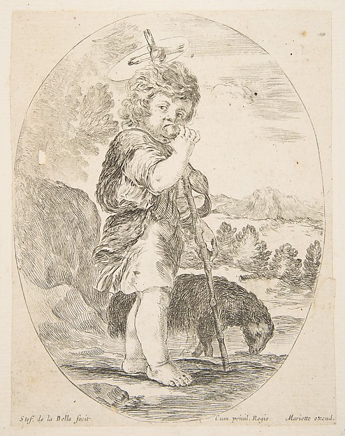 Saint John the Baptist eating a piece of fruit, an oval composition by Stefano della Bella