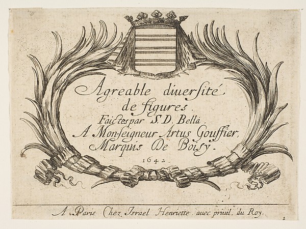 Two palms and a coat of arms frame the title and dedication, title page and plate 1 for "Various Figures" (Agréable diversité de figures)