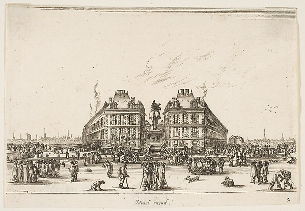 La Place Dauphine, on the coast of Pont Neuf, the equestrian statue of Louis XIII in center, seen from the back and numerous figures, plate 2 from "Various Figures" (Agréable diversité de figures)