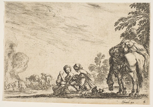 Two women, one nursing a child, seated next to a dog and a horse carrying a pack, horses and figures to left in the background, plate 6 from "Various Figures" (Agréable diversité de figures)