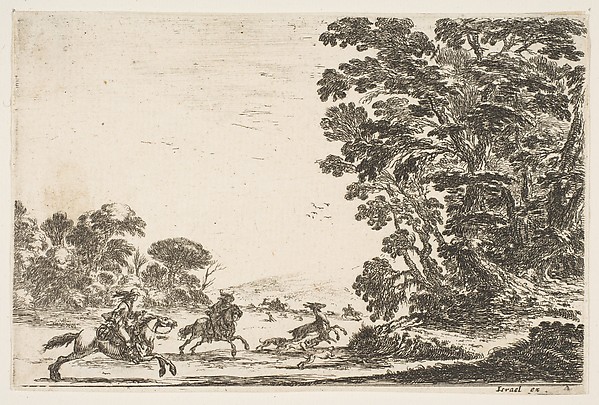 A deer hunt, two horsemen galloping towards the left behind three dogs and a deer, a group of trees to right, plate 4 from "Various Figures" (Agréable diversité de figures)