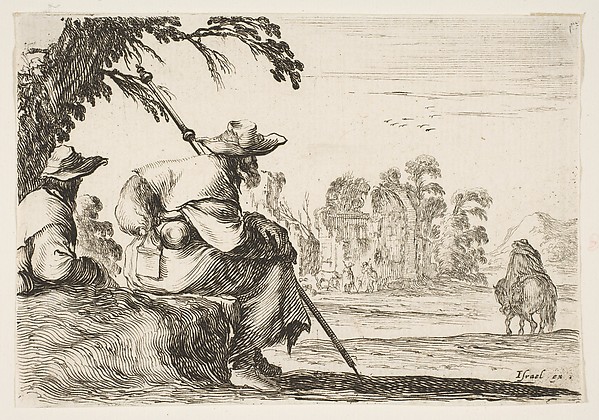 Two pilgrims with hats rest to the left, seen from behind, a horseman rides towards the background to the right, plate 5 from "Various Figures" (Agréable diversité de figures)