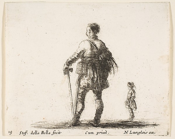 A Polish nobleman in court dress, standing in center, seen from behind, another nobleman to right in background, plate 19 from "Diversi capricci"